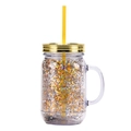 Double-wall plastic mason jar with handle, gold glitter finish and yellow straw - Transparent Glitter Gold