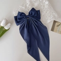Grande pince à cheveux élégante en satin bleu marine avec longs rubans sur dentelle - Bleu Marine