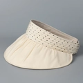 Detail of beige organza sun hat with black polka dots and tiered pleated fabric design - M (56-58cm) / Beige