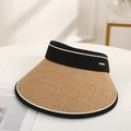 Women's UV protection straw sun visor in khaki and black with wide brim for beach - Khaki
