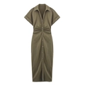 Armeegrünes Midi-Leinenkleid mit Hemdkragen und geraffter Taille mit Kordelzug - XS / Olivgrün