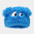 Detailed view of blue plush monster hat with cartoon eyes and thick faux fur texture - Lake Blue