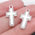 Pair of polished silver cross pendants with beaded edges for DIY jewelry making - 20x10mm (1g)