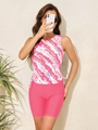 Women tie-dye tankini set with drawstring top and pink athletic shorts swimwear - S / Pink