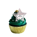 Green Christmas tree cupcake topper with Merry Christmas star sign in gold foil liner - Rose Gold Star Style 2