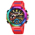 Orologio sportivo rosso con lunetta ottagonale sfumata arcobaleno e quadrante digitale - Rosso Metallico