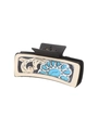 Cowboy style hair claw clip featuring vintage blue floral pattern on beige background - Black Beige Blue Floral (90245)