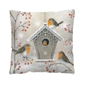 Square throw pillow featuring robin bird and berry branch winter illustration - Robin and Birdhouse (QJB6686) / 45x45cm Single-sided