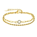Bracelet double rangée en or avec maillons trombone, chaîne torsadée et pendentif cristal - Lettre O