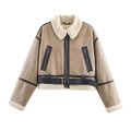 Short faux shearling leather biker jacket with brown and cream patchwork panels - XS / Khaki
