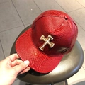 Red faux snake skin snapback hat featuring a sparkling rhinestone studded gold cross - Red - Cross