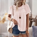 Pink short sleeve top with dot texture and lace panels paired with denim shorts - Light Pink