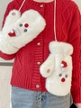 Detailed close-up of white plush snowman mittens featuring festive red holiday hats - Mittens / White