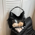Black PU leather ita bag with clear window and plush star charms on sofa - Single Bag / Black