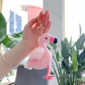 Cute pink flamingo plush keychain with golden metal clasp and white feather details - Gold Clasp / Rose Red