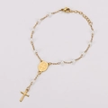 Close-up of 18k gold-plated 304 stainless steel bracelet with white pearls and cross pendant - 18+3cm / Gold and White Beads