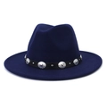 Close-up of navy blue wool fedora hat featuring a black leather belt with silver buckle - Navy Blue