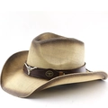 Gradient brown western cowboy straw hat with bull head ornament and leather band detail - M(56-58cm) / Beige Coffee Spray