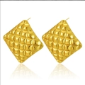 Chic square gold stainless steel earrings with quilted pattern and high polish finish - Vintage Metal Quilted Square