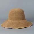 Cappello da sole in paglia fatto a mano con tesa larga e bordi colorati cuciti - M(56-58cm) / Cachi