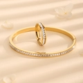 Luxury gold stainless steel bracelet and ring set with square pavé crystal stones - Bracelet and Ring Set / Gold