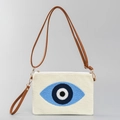 Beigefarbene Canvas-Umhängetasche mit blauem Evil-Eye-Stickerei und braunem Gurt - Böser Blick (ES230004-3)