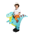 Detailed view of sky blue inflatable dinosaur costume for kids with blower fan details - Children Riding Blue-headed Dinosaurs / One Size