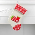 Beige Christmas stocking with red plaid trim and felt train applique for holiday decor - Red