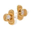 Elegantes pendientes de flor de tres pétalos en acero inoxidable chapado en oro de 18k - Pendientes de Botón de Flor de Tres Pétalos Dorados Con Circón (JDEW2401038)
