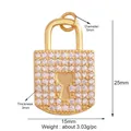 Detailed technical diagram showing 25mm gold heart padlock pendant dimensions and weight - Pave Set Padlock / Gold