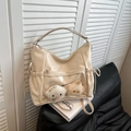 Cream white large PU leather hobo bag with clear PVC pocket and star plush charms - Single Bag / White