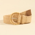 Beige elastic woven straw belt for women featuring a round buckle with wooden bead details - Wood Bead Round Buckle