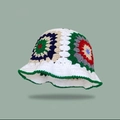 Handmade crochet bucket hat with vintage colorful flower patterns on white base - M (56-58cm) / Flower White Green Edge