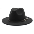 Detail of black wide brim fedora with vintage silver buckle and faux leather strap - M (56-58cm) / Black