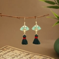 Detailed macro view of green fan-shaped tassel earrings hanging on a dry branch - Fan Silk Tassel (E6454)