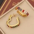 Golden C-shaped hoop and heart earrings with colorful baguette-cut cubic zirconia - 3#Heart