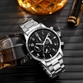 Macro shot of ZHOWE mens quartz chronograph watch with black dial and steel strap - Silver Case Black Dial