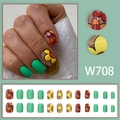 Korte vintage bloemen plaknagels in groen en geel patronen, model W708 set - W708 Bloempatroon (Met Lijm)