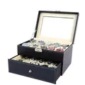 Double layer black leather watch box with glass window and contrast white stitching - 20-Slot Double Layer