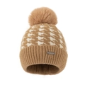 Winter houndstooth knit beanie featuring a fluffy pompom and cozy ribbed cuff design - Adult / Khaki