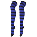 Blue and black striped thigh high socks for women made of knitted cotton blend - Royal Blue & Black Wide Stripes