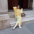 Pale yellow loose knit cardigan sweater paired with matching satin midi skirt and boots - S / Yellow