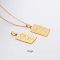 Macro view of gold Virgo constellation square pendant with fine linear engraving detail - Virgo