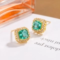 Square green zircon stud earrings in vintage gold finish with halo detail - Green