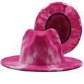 Pink and white tie-dye wide-brim felt fedora hat with classic indented crown and flat brim - M (56-58cm) / Pink and White Tie-Dye (03)