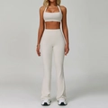 Creamy white halter yoga set with high waist flare pants and backless sports bra - S / Bra Style 1 + Flare Pants / Beige