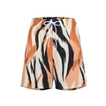 Men's beach shorts featuring orange and black tiger stripe patterns with white drawstring - Tiger Print