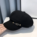 Detail of black octagonal newsboy hat with textured fabric and gold metal buckle strap - One Size(56-58cm) / Black