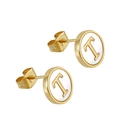 Minimalist gold stainless steel stud earrings featuring a T-letter in a round shell inlay - Letter T / Gold