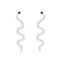 Silver punk snake earrings with black crystal eyes and textured metal wave curves - Silver
